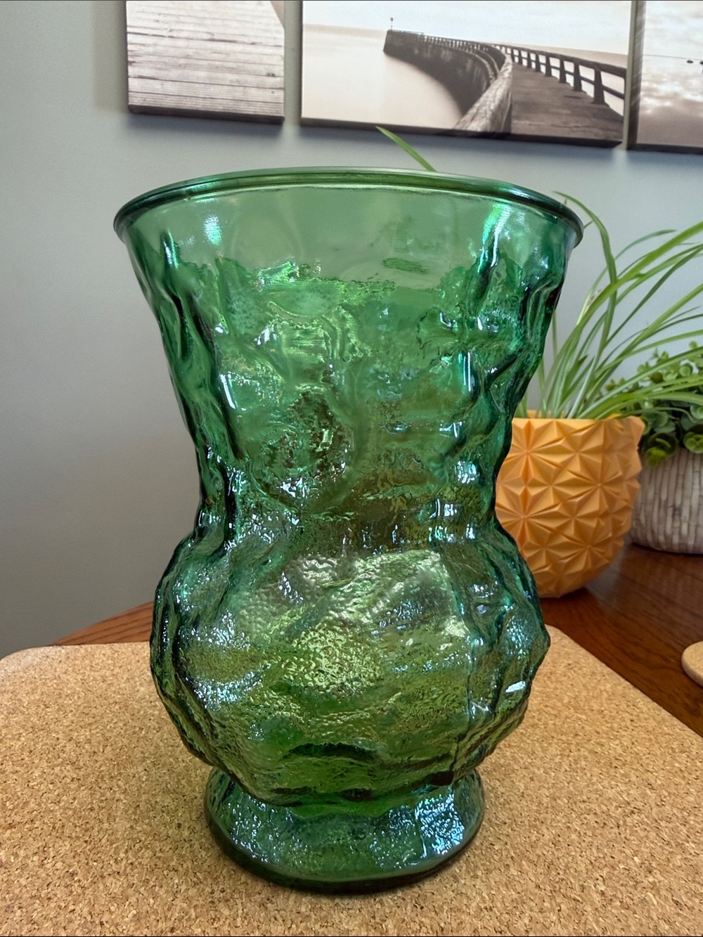 Vintage 1970s Glass Textured Glass Vase Decorative Emerald Green Crinkle Vase
